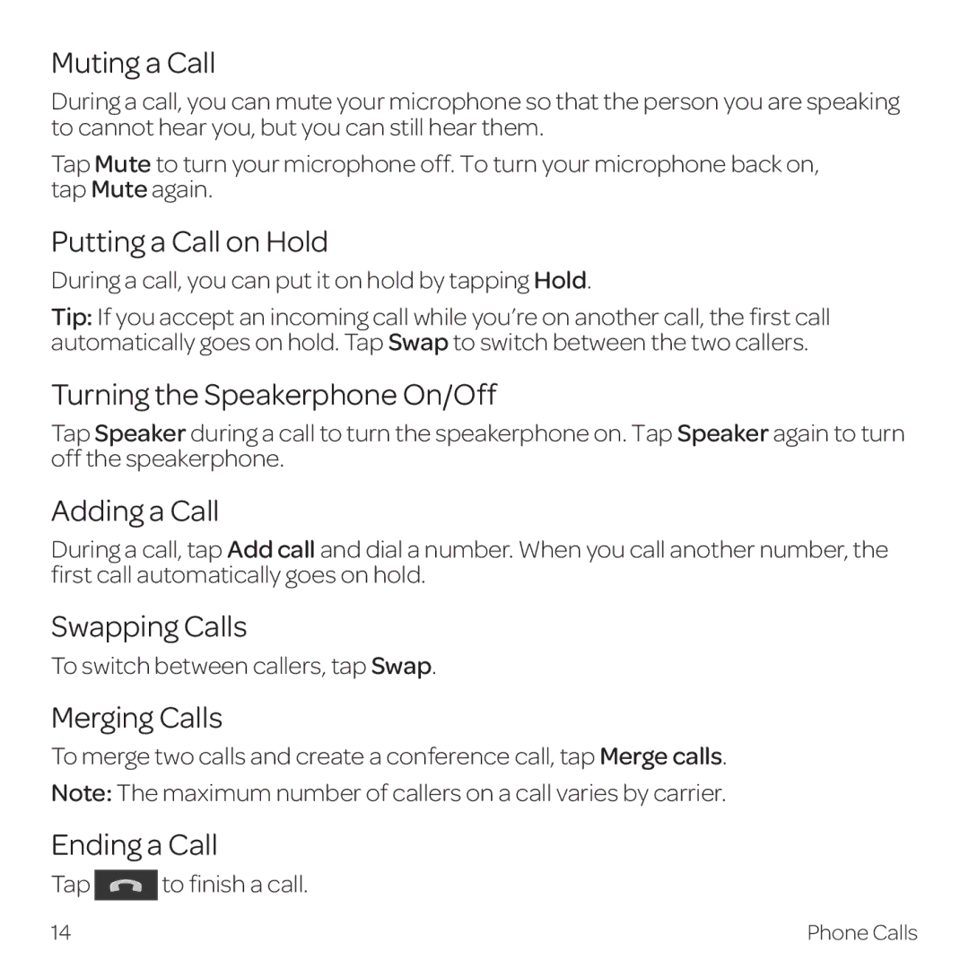 AT&T Z998 manual Muting a Call, Putting a Call on Hold, Turning the Speakerphone On/Off, Adding a Call, Swapping Calls 