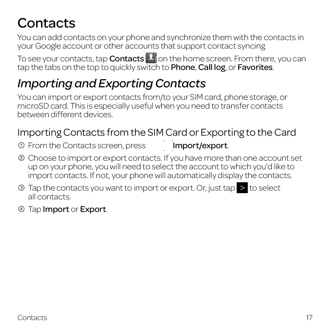 AT&T Z998 manual Importing and Exporting Contacts, From the Contacts screen, press Import/export 