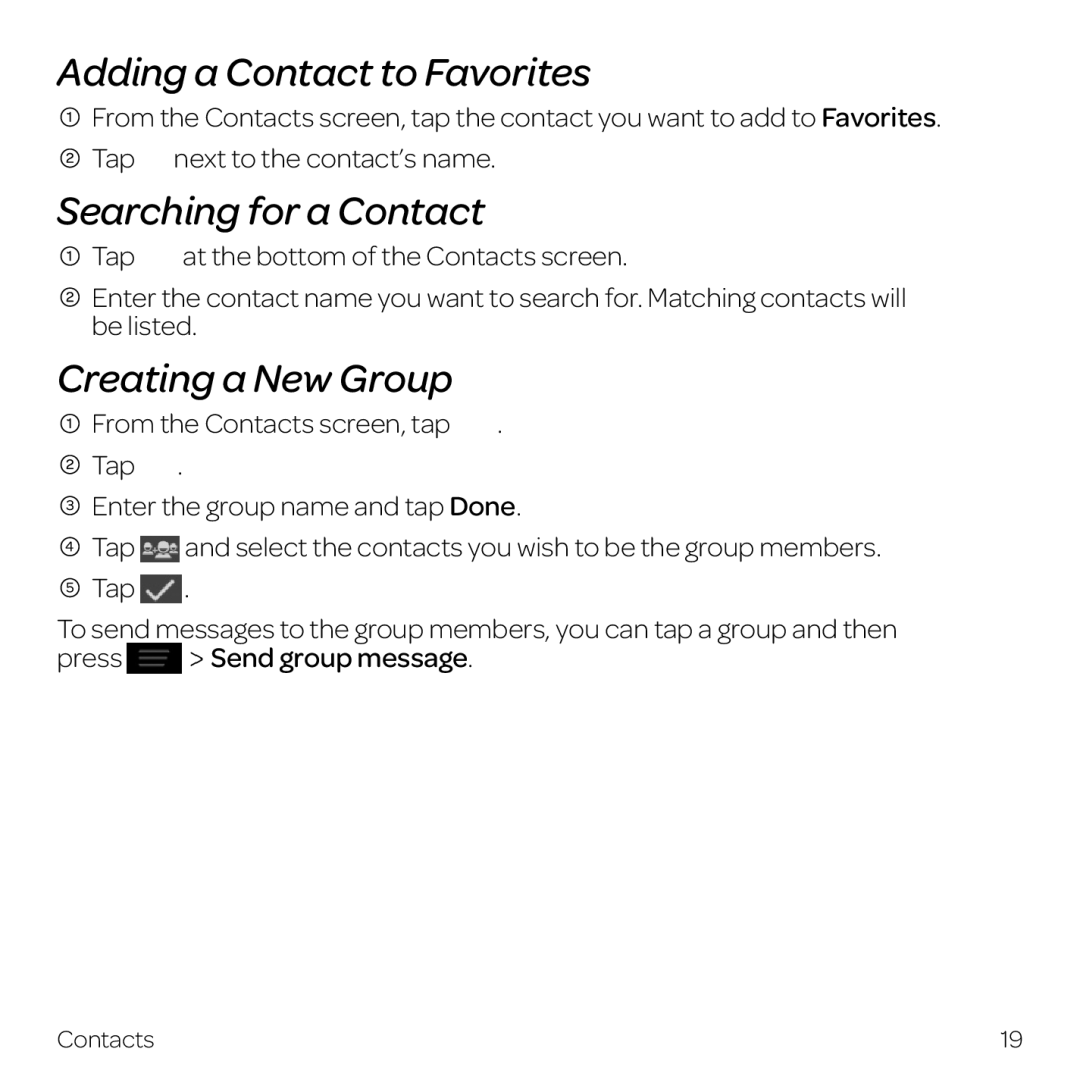 AT&T Z998 manual Adding a Contact to Favorites, Searching for a Contact, Creating a New Group, Press Send group message 