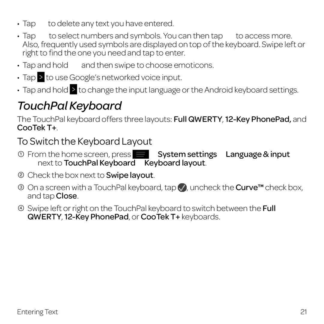 AT&T Z998 manual TouchPal Keyboard, To Switch the Keyboard Layout, From the home screen, press 