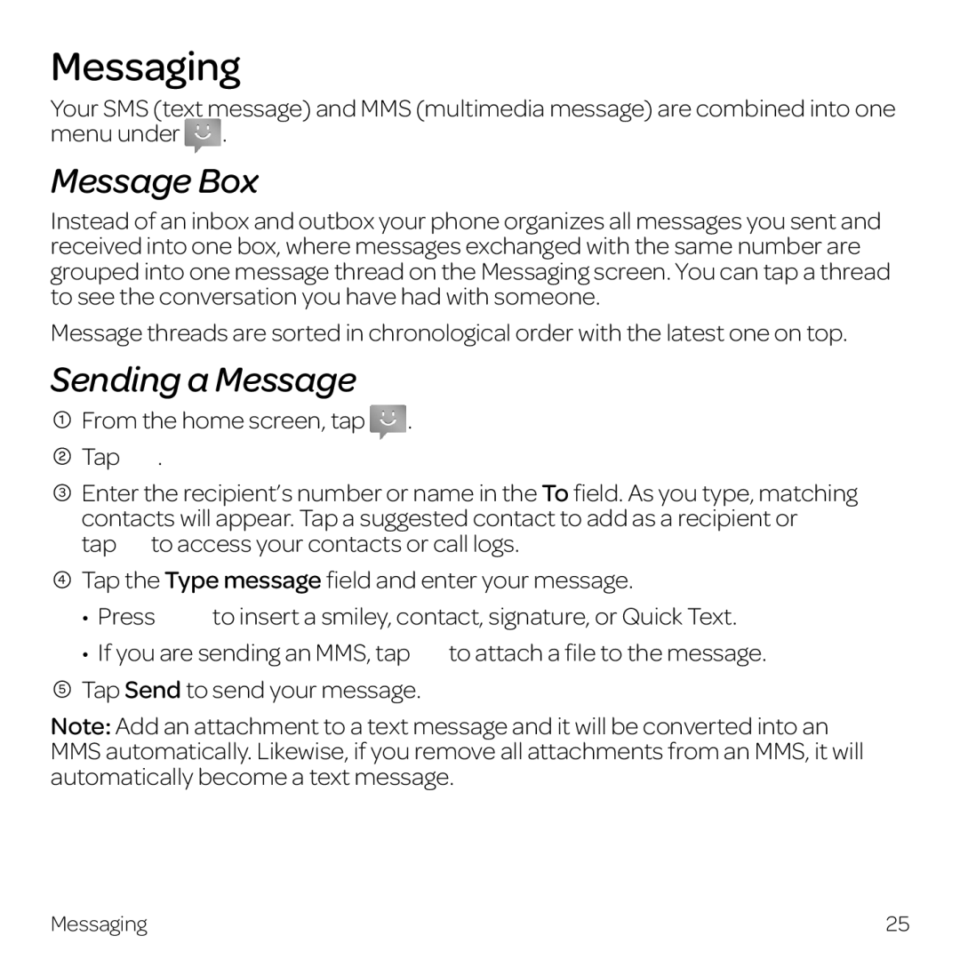 AT&T Z998 manual Messaging, Message Box, Sending a Message, From the home screen, tap Tap 