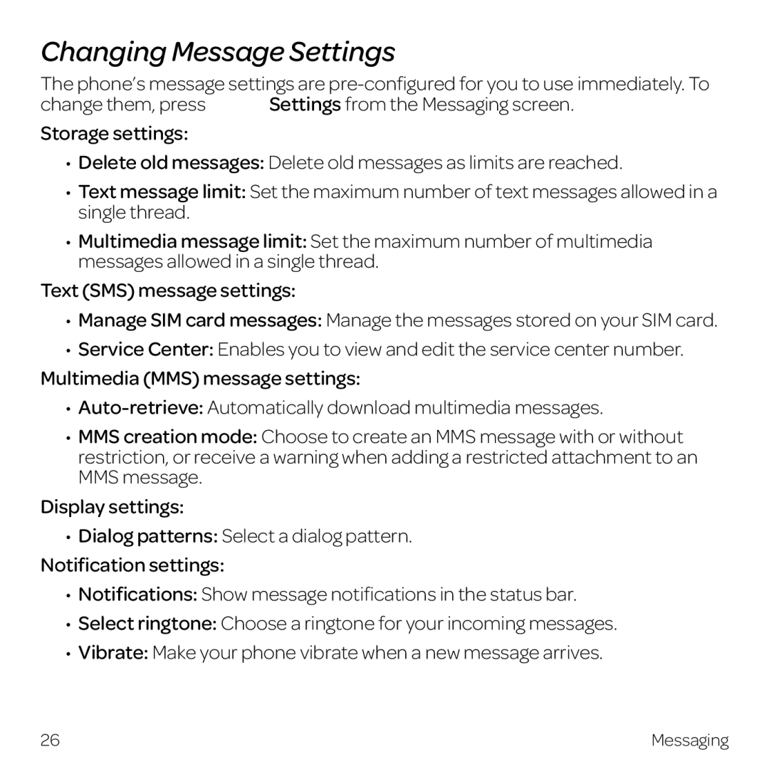 AT&T Z998 manual Changing Message Settings 