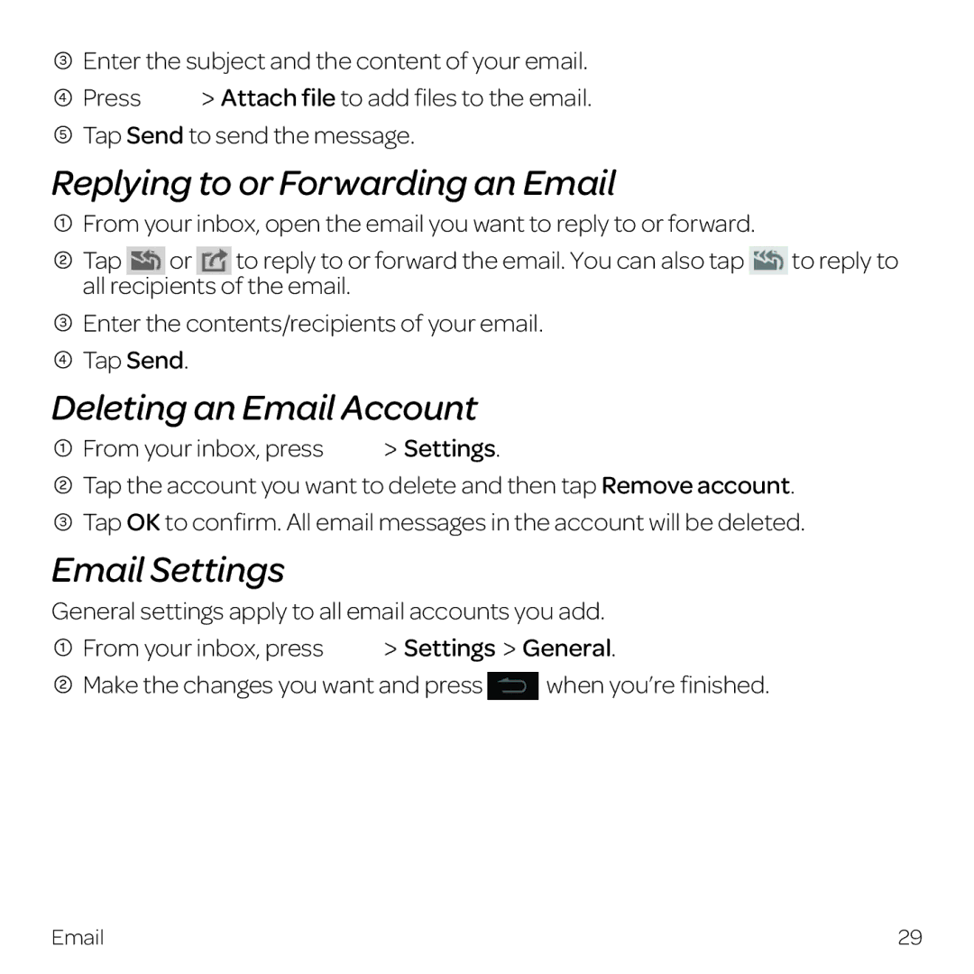 AT&T Z998 Replying to or Forwarding an Email, Deleting an Email Account, Email Settings, From your inbox, press Settings 