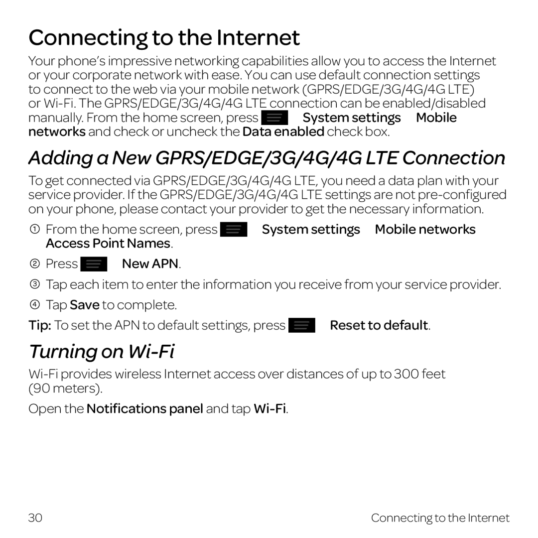 AT&T Z998 manual Connecting to the Internet, Adding a New GPRS/EDGE/3G/4G/4G LTE Connection, Turning on Wi-Fi 