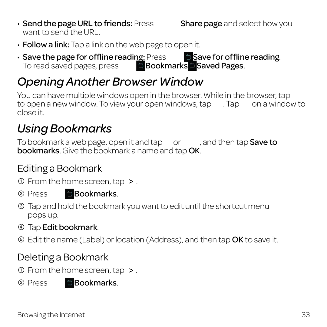 AT&T Z998 manual Opening Another Browser Window, Using Bookmarks, Editing a Bookmark, Deleting a Bookmark 