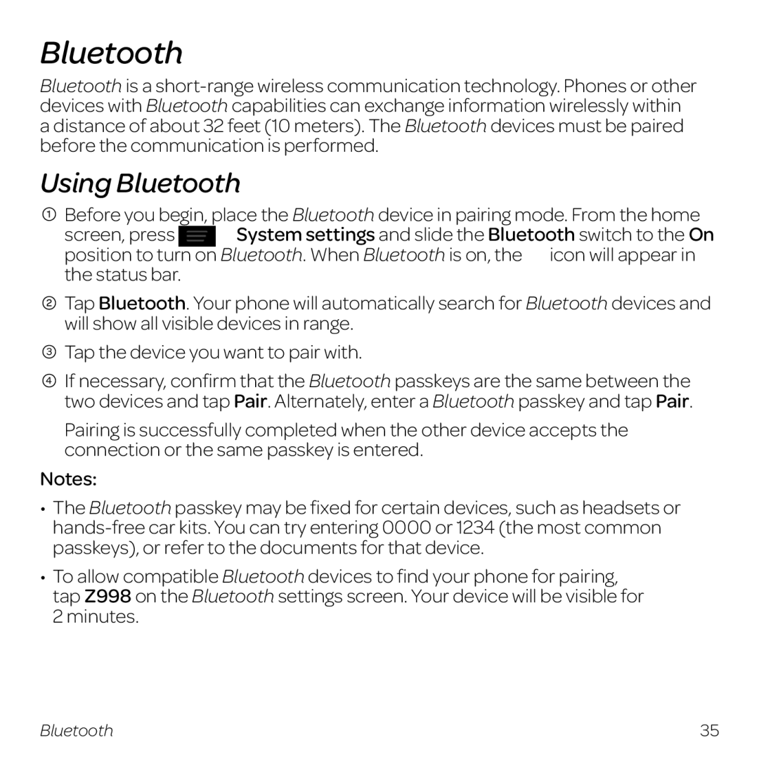 AT&T Z998 manual Using Bluetooth, Screen, press 