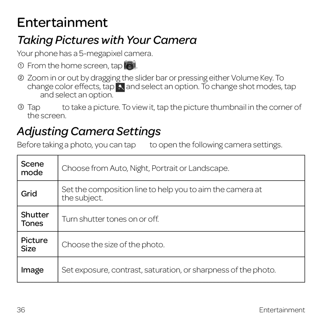 AT&T Z998 manual Entertainment, Taking Pictures with Your Camera, Adjusting Camera Settings 