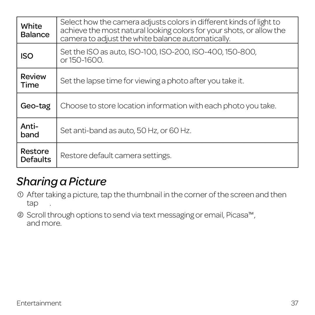 AT&T Z998 manual Sharing a Picture, White, Balance, Camera to adjust the white balance automatically 