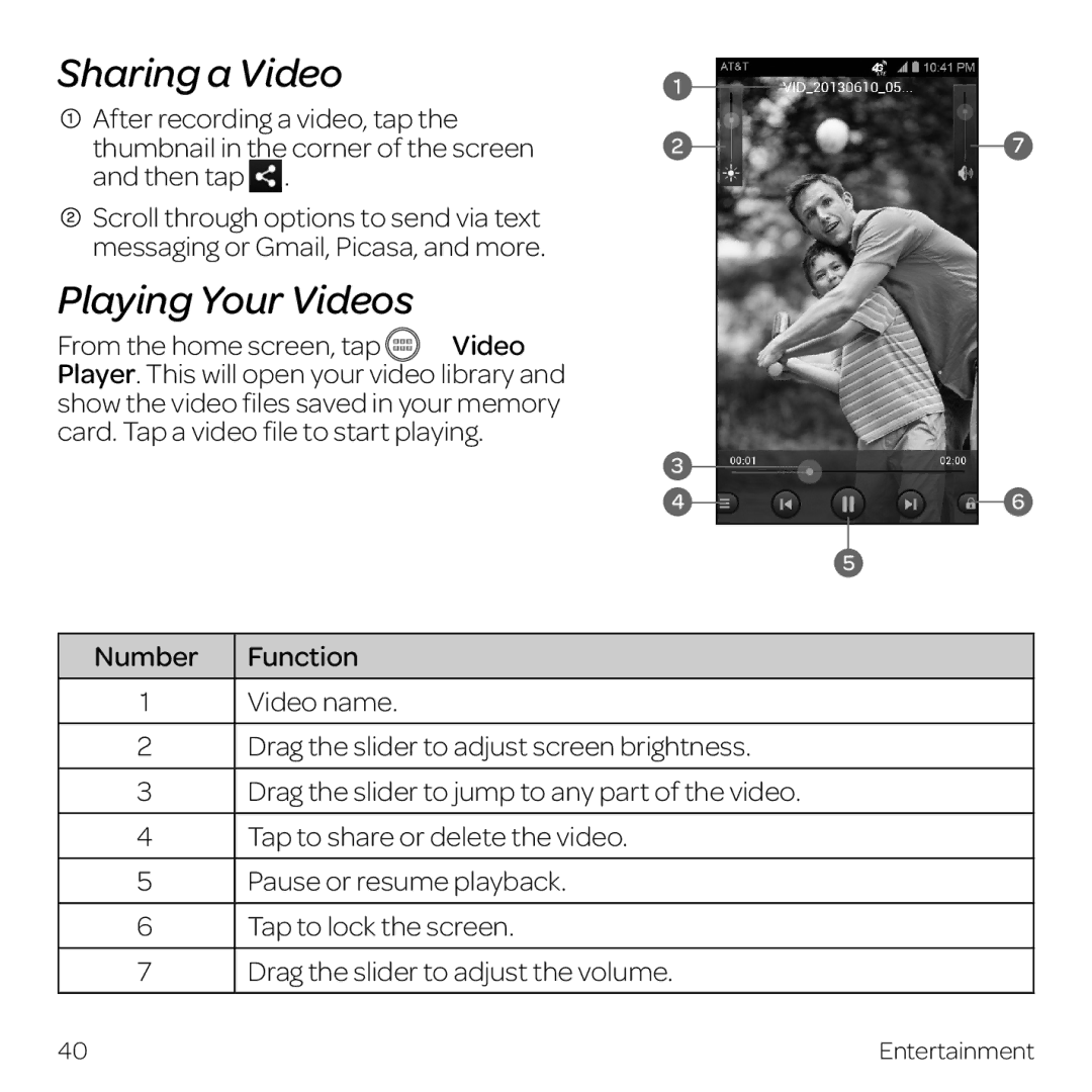 AT&T Z998 manual Sharing a Video, Playing Your Videos, Video name 