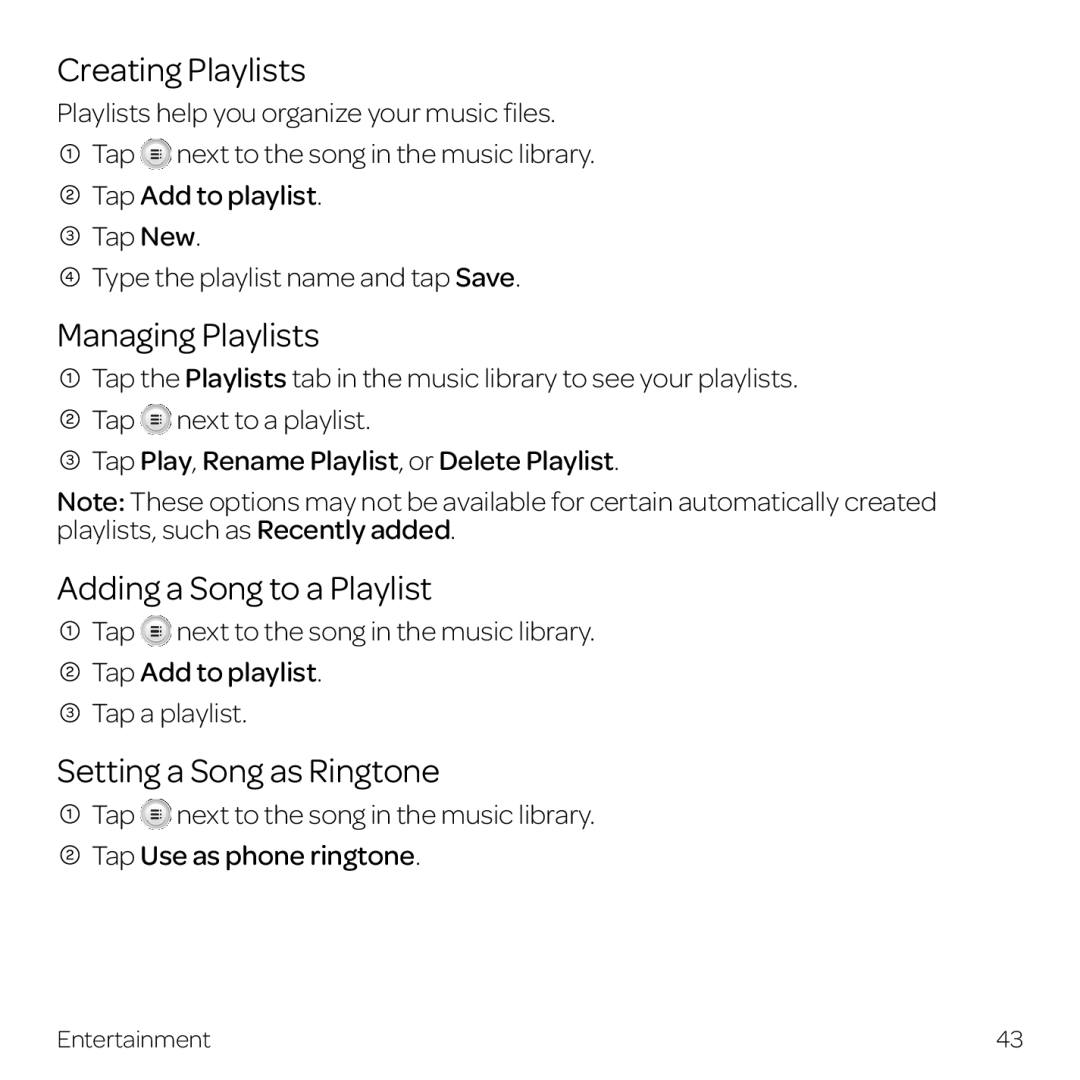 AT&T Z998 manual Creating Playlists, Managing Playlists, Adding a Song to a Playlist, Setting a Song as Ringtone 