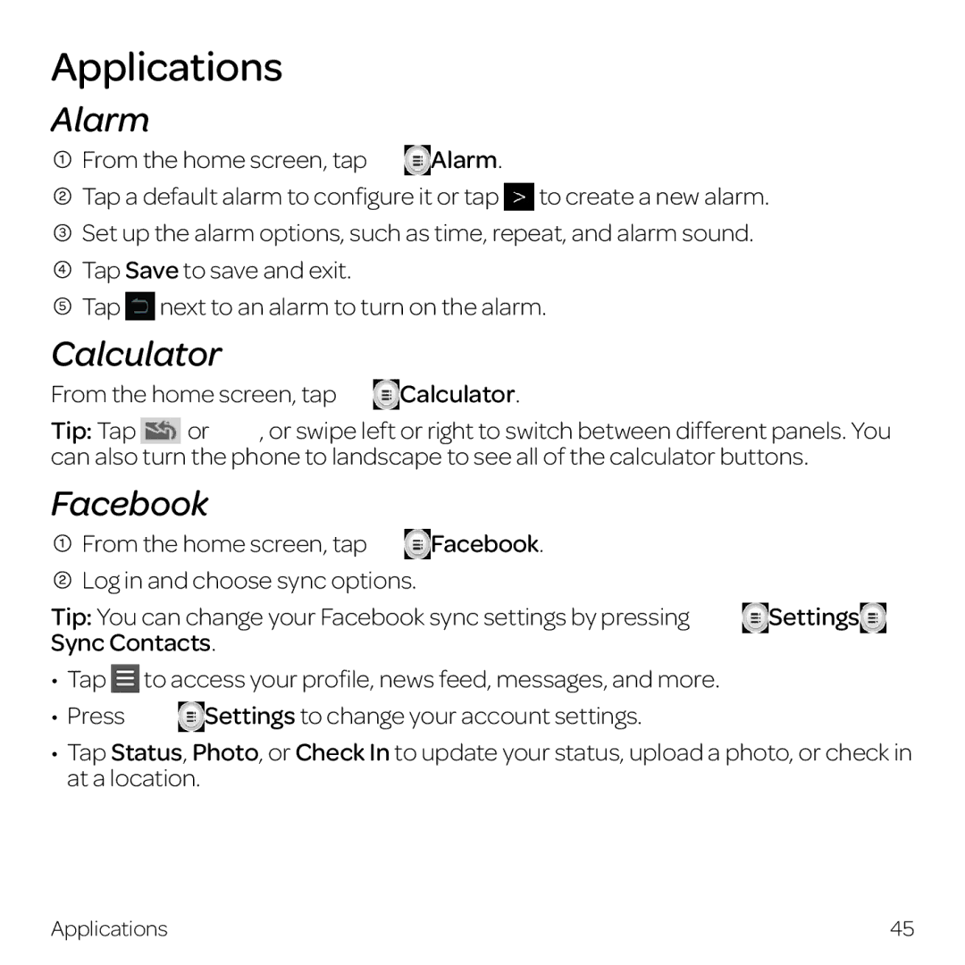 AT&T Z998 manual Applications, Alarm, Calculator, Facebook 