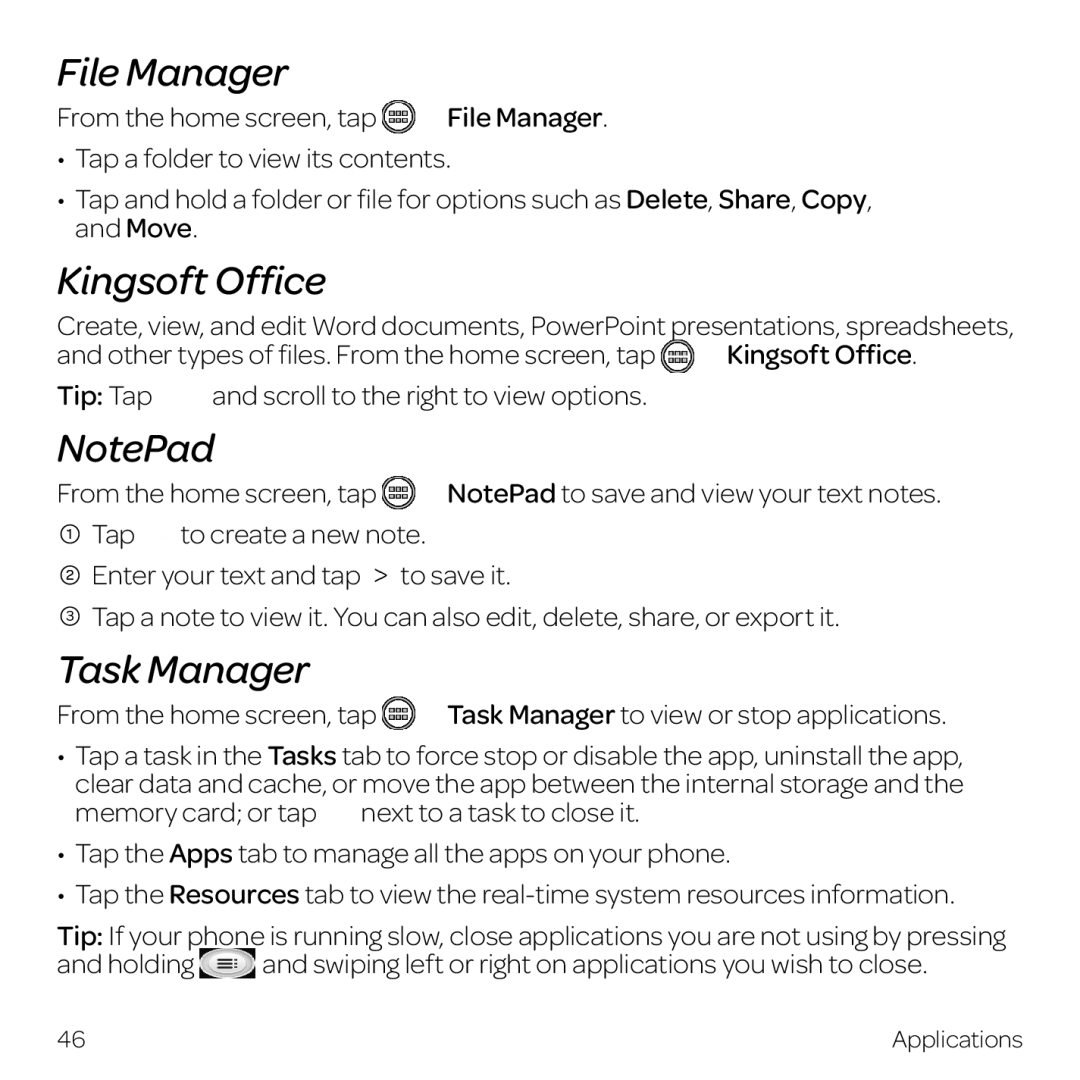 AT&T Z998 manual File Manager, Kingsoft Office, Task Manager 