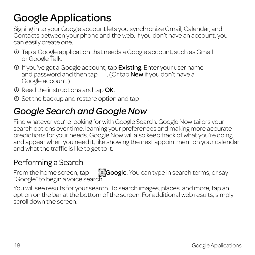 AT&T Z998 manual Google Applications, Google Search and Google Now, Performing a Search 