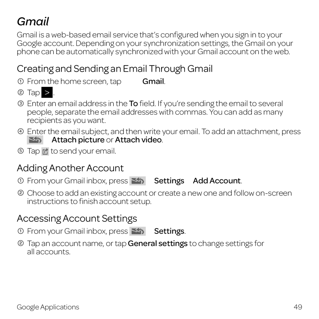 AT&T Z998 manual Creating and Sending an Email Through Gmail, Adding Another Account, Accessing Account Settings 