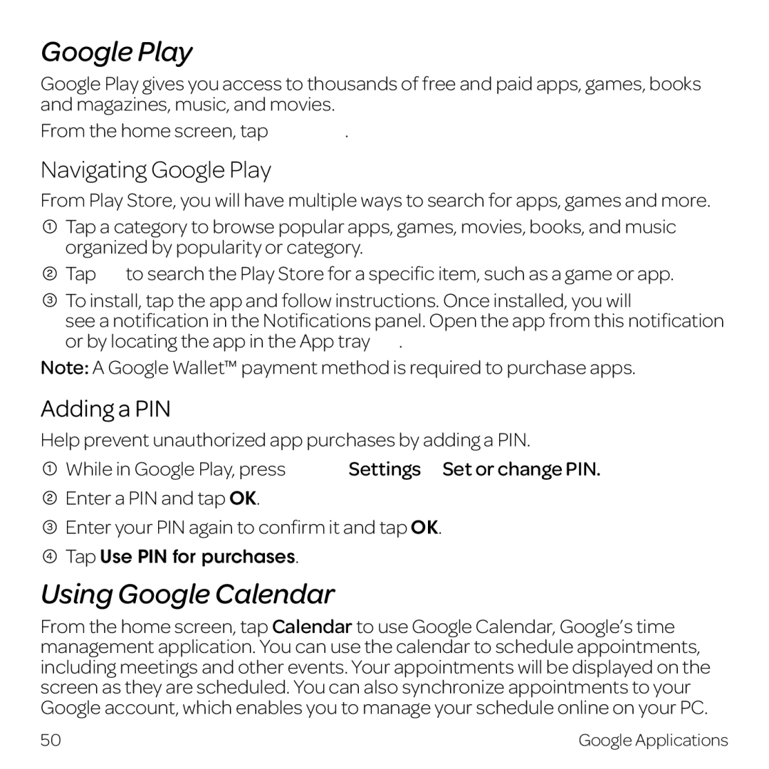 AT&T Z998 manual Using Google Calendar, Navigating Google Play, Adding a PIN 