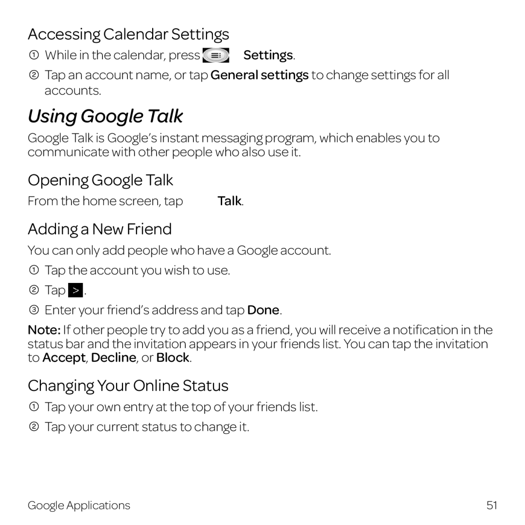 AT&T Z998 manual Using Google Talk, Accessing Calendar Settings, Opening Google Talk, Adding a New Friend 