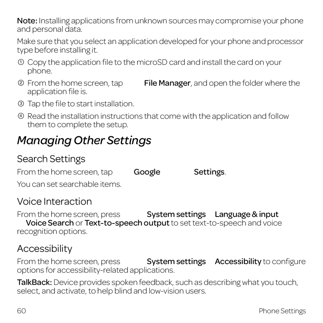 AT&T Z998 manual Managing Other Settings, Search Settings, Voice Interaction, Accessibility 