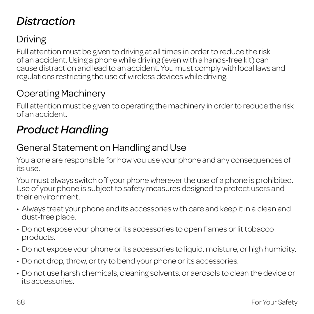 AT&T Z998 manual Distraction, Product Handling, Driving, Operating Machinery, General Statement on Handling and Use 