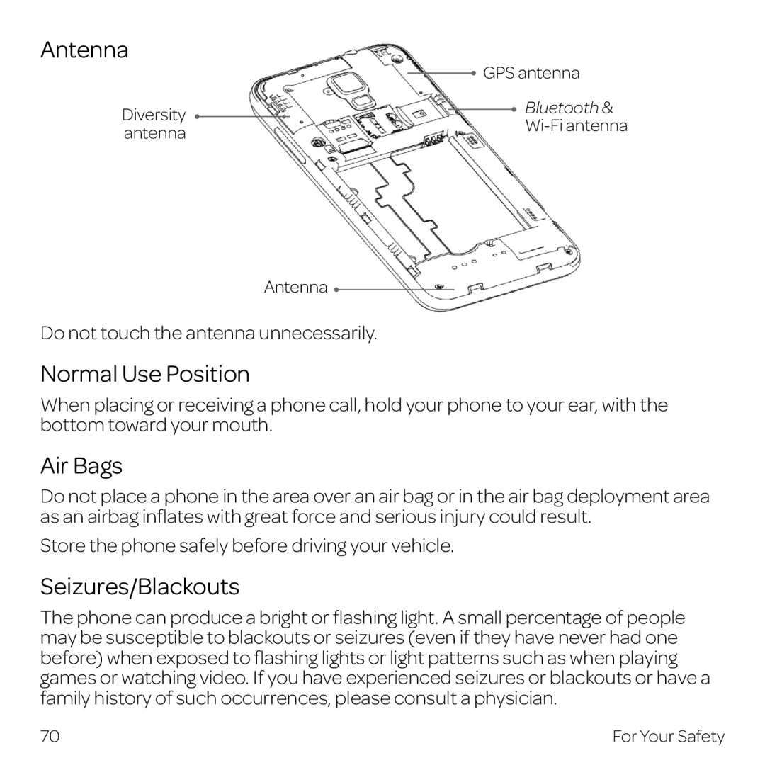 AT&T Z998 manual Antenna, Normal Use Position, Air Bags, Seizures/Blackouts 