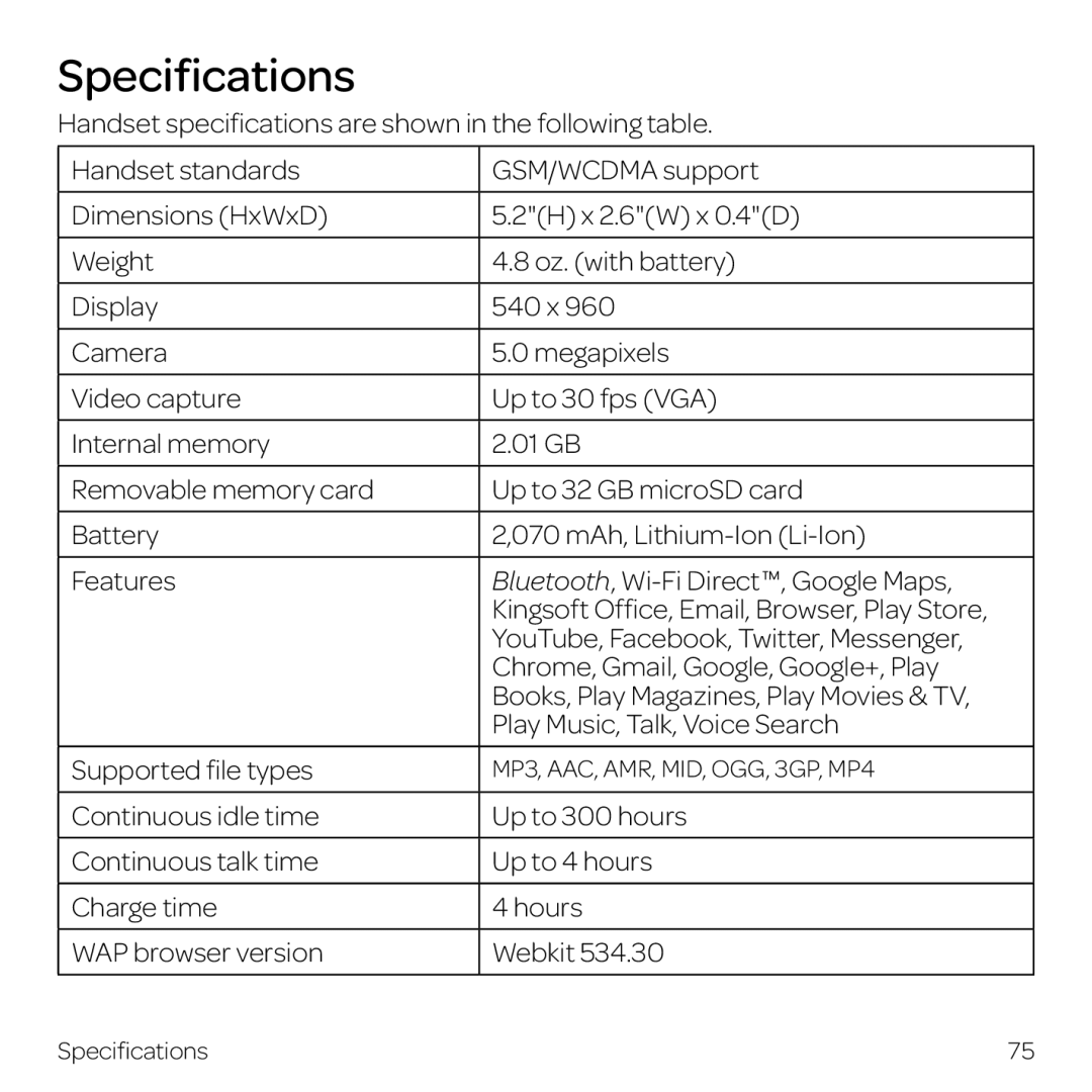 AT&T Z998 manual Specifications 