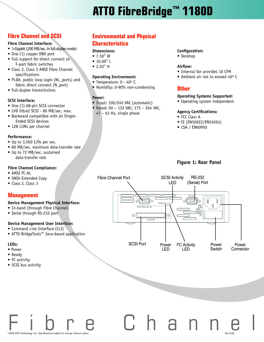 ATTO Technology 1180D manual Fibre Channel and Scsi, Environmental and Physical Characteristics, Other, Management 