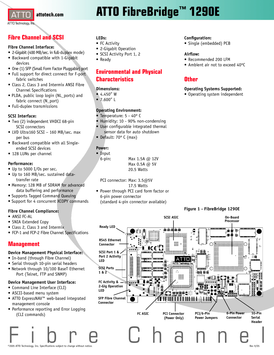 ATTO Technology 1290E specifications Fibre Channel and Scsi, Management, Environmental and Physical Characteristics Other 