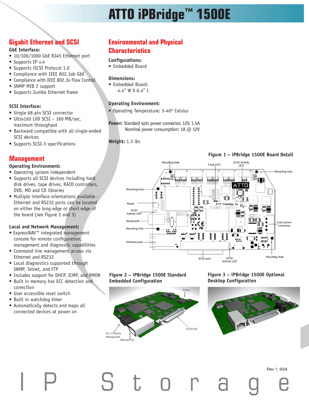 ATTO Technology 1500E manual Gigabit Ethernet and Scsi, Management, Environmental and Physical Characteristics 