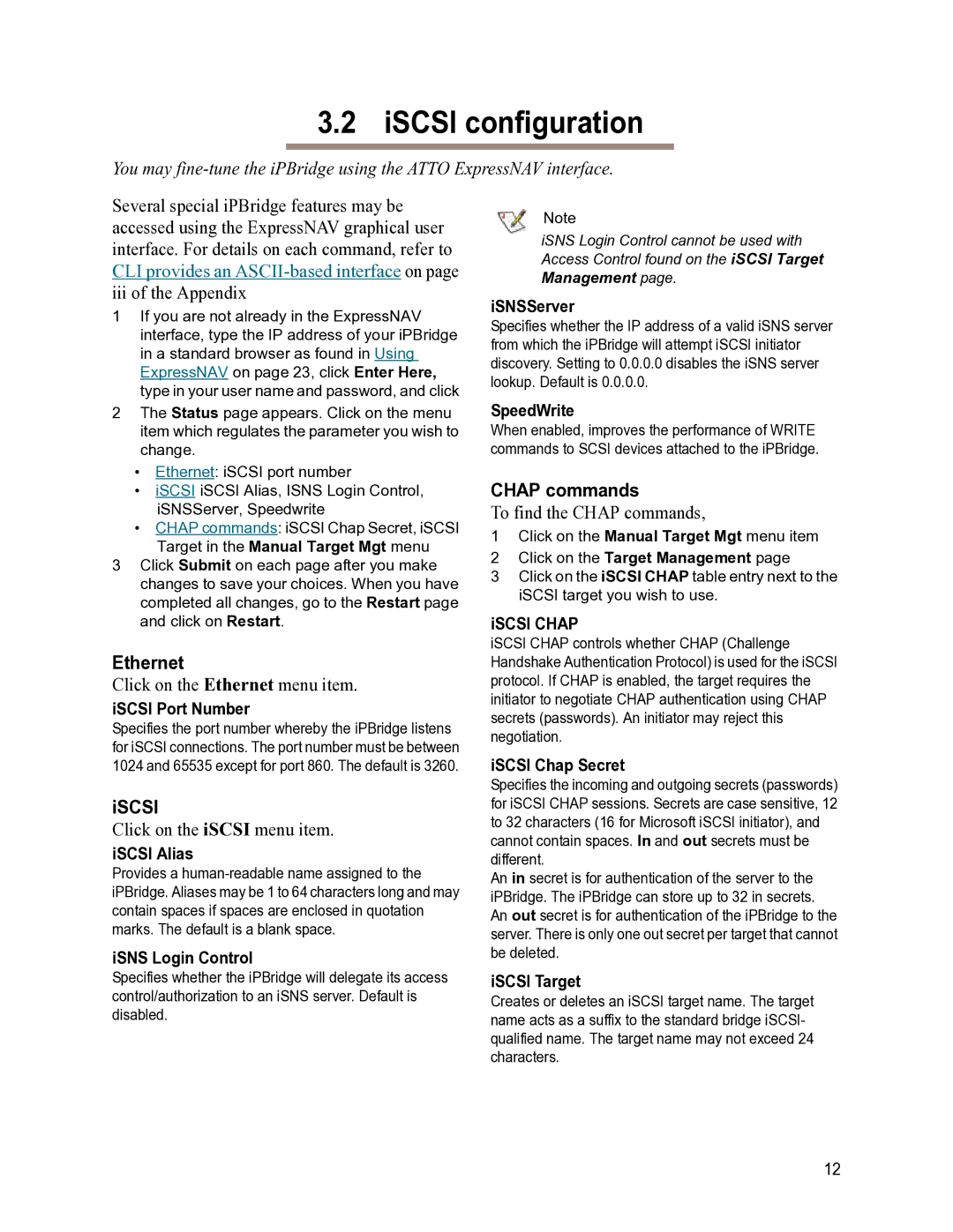 ATTO Technology 1550D operation manual ISCSI configuration, Ethernet, Iscsi, Chap commands 