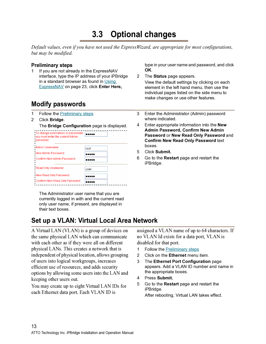 ATTO Technology 1550D Optional changes, Modify passwords, Set up a Vlan Virtual Local Area Network, Preliminary steps 