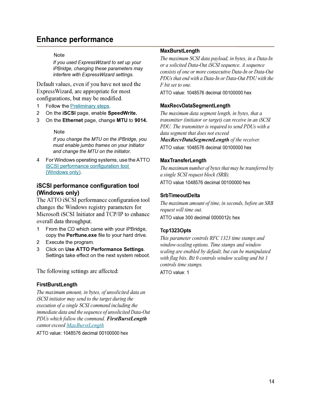 ATTO Technology 1550D operation manual Enhance performance, ISCSI performance configuration tool Windows only 