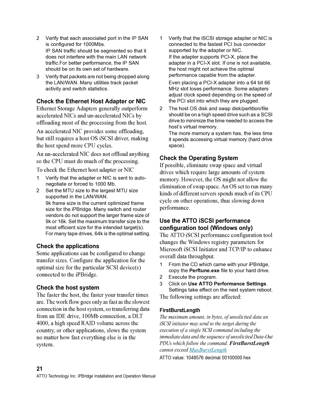 ATTO Technology 1550D operation manual Check the host system, FirstBurstLength 