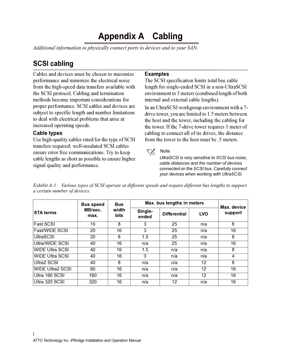 ATTO Technology 1550D operation manual Appendix a Cabling, Scsi cabling, Cable types, Examples 