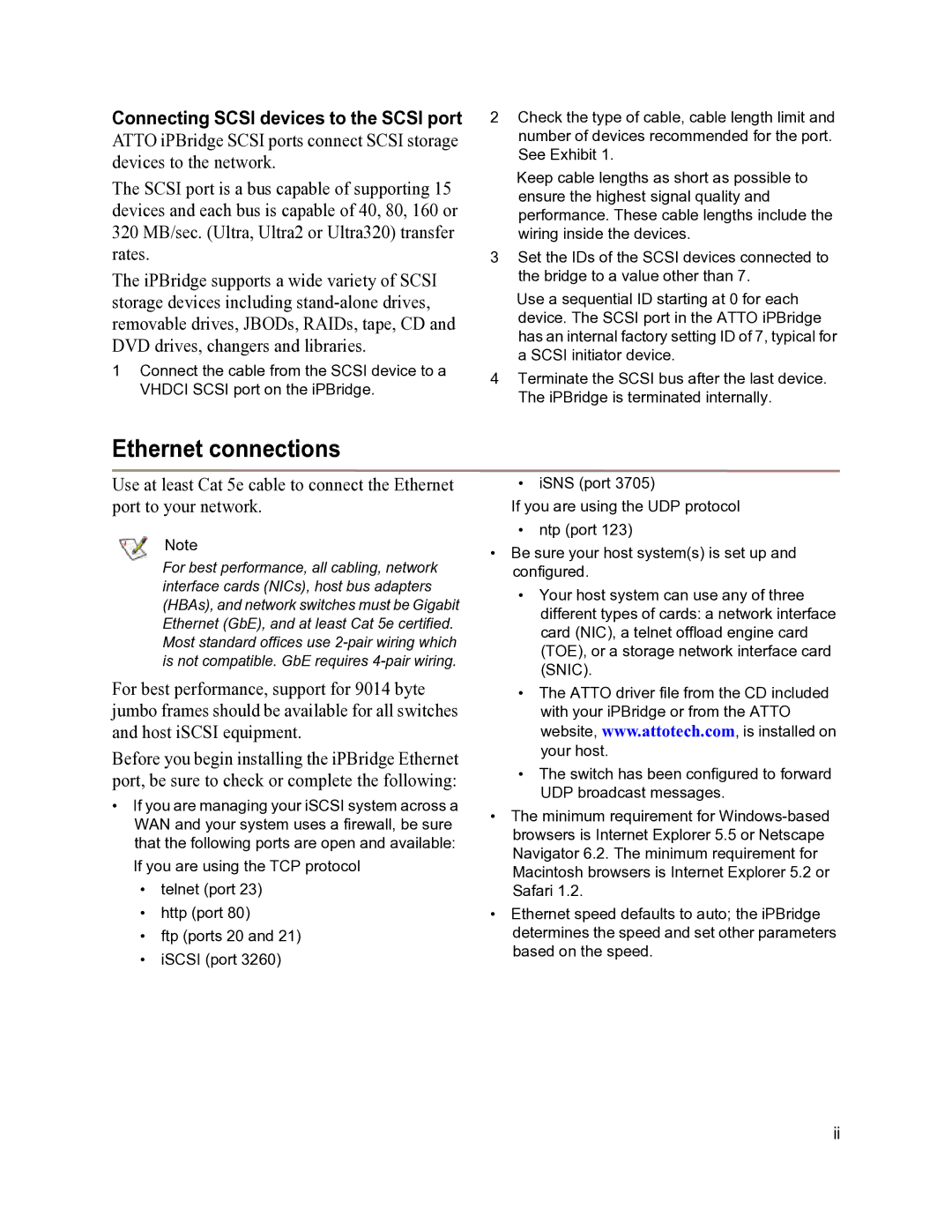 ATTO Technology 1550D operation manual Ethernet connections, Connecting Scsi devices to the Scsi port 