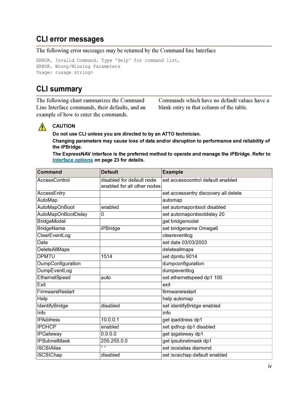 ATTO Technology 1550D operation manual CLI error messages, CLI summary 