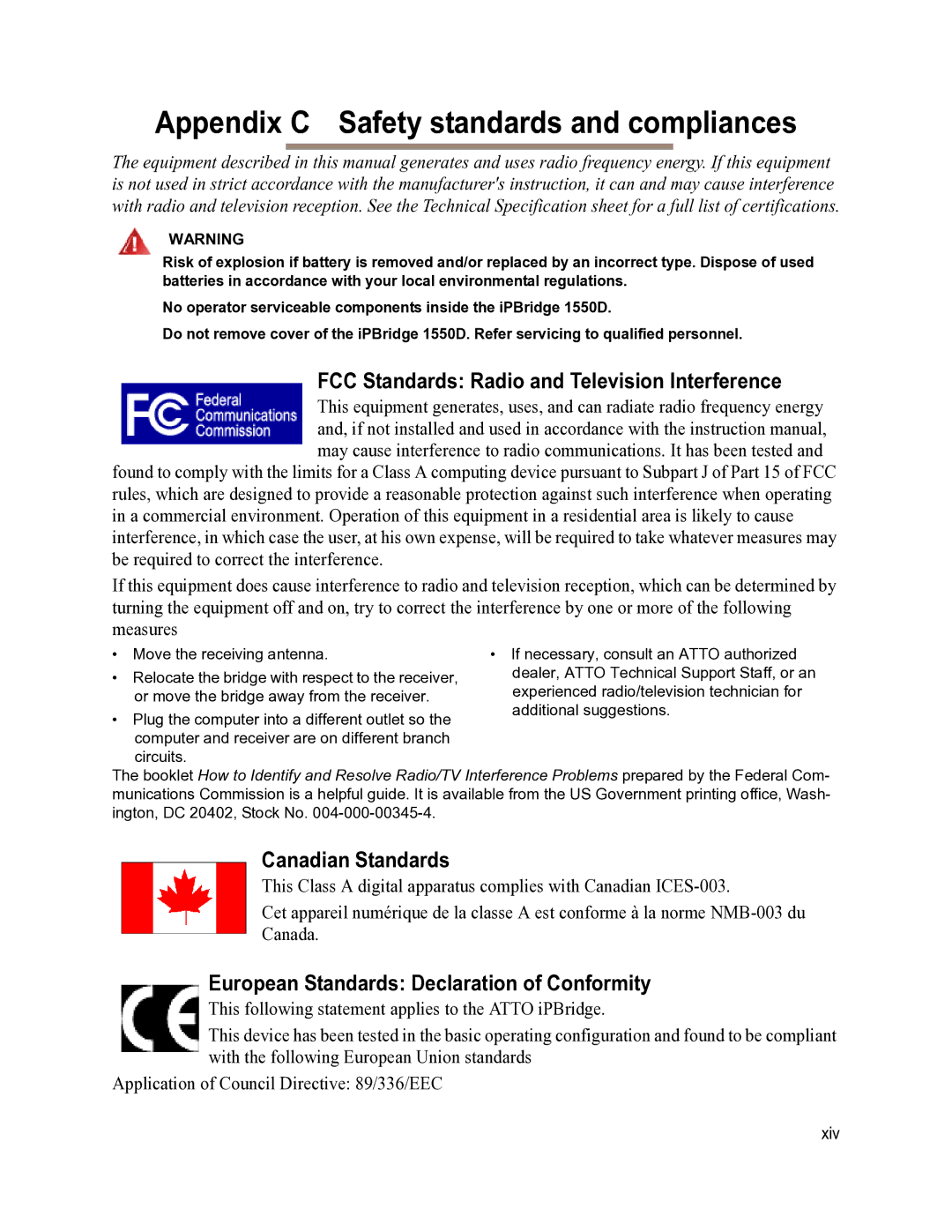 ATTO Technology 1550D Appendix C Safety standards and compliances, FCC Standards Radio and Television Interference 