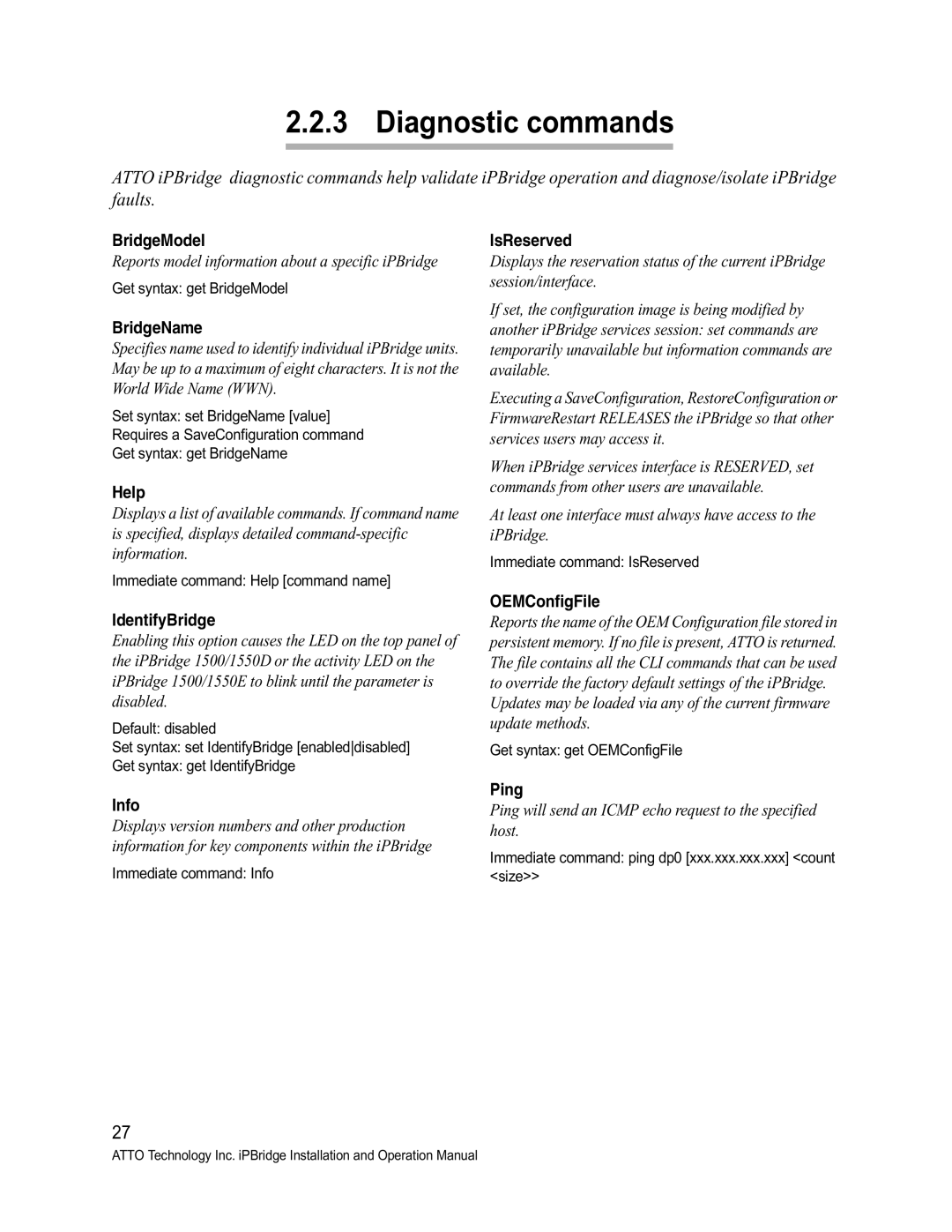 ATTO Technology 1550D/E, 1500D/E operation manual Diagnostic commands 