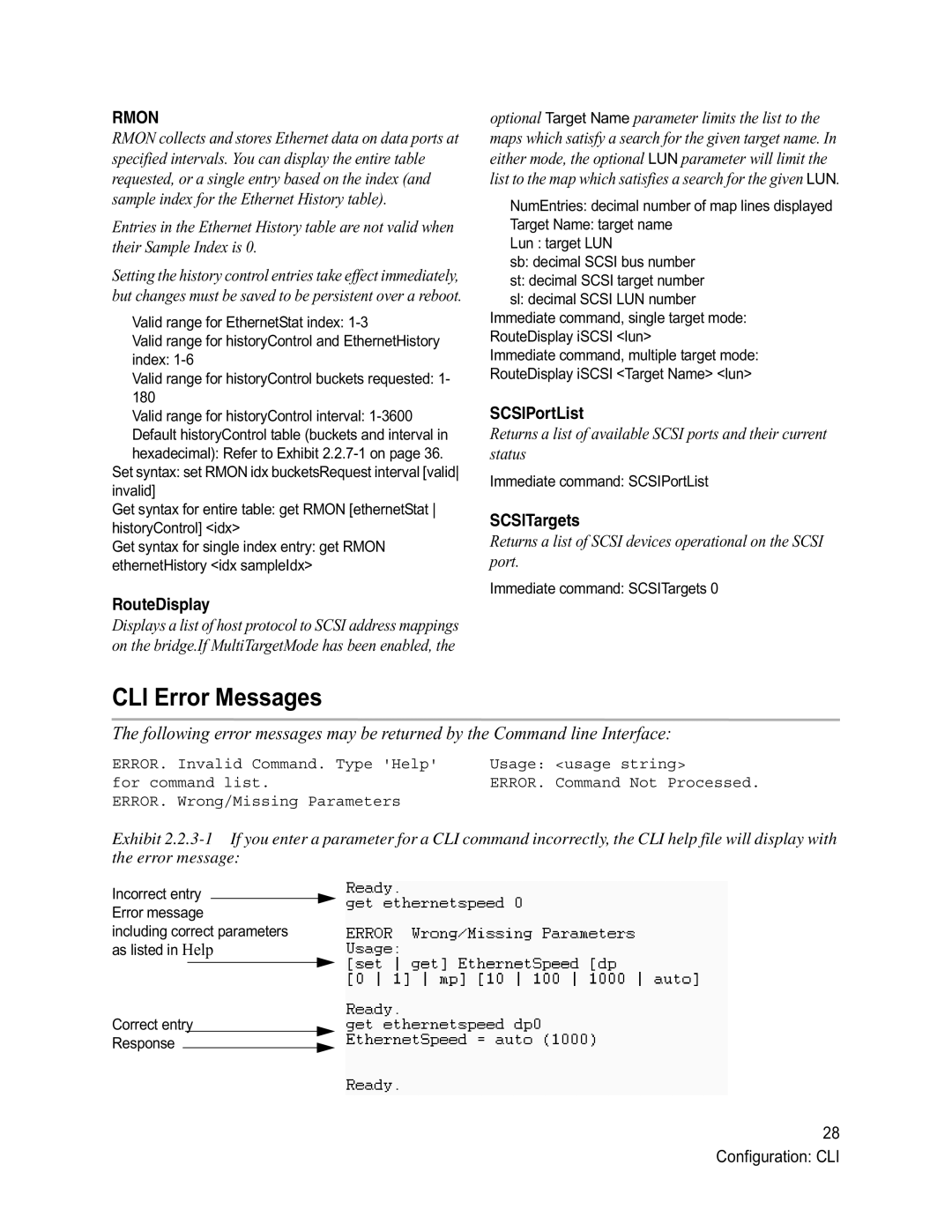 ATTO Technology 1500D/E, 1550D/E operation manual CLI Error Messages, RouteDisplay, SCSIPortList, SCSITargets 