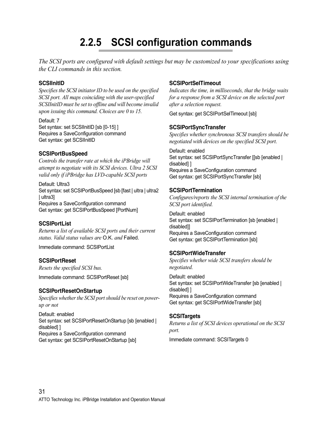 ATTO Technology 1550D/E, 1500D/E operation manual Scsi configuration commands 