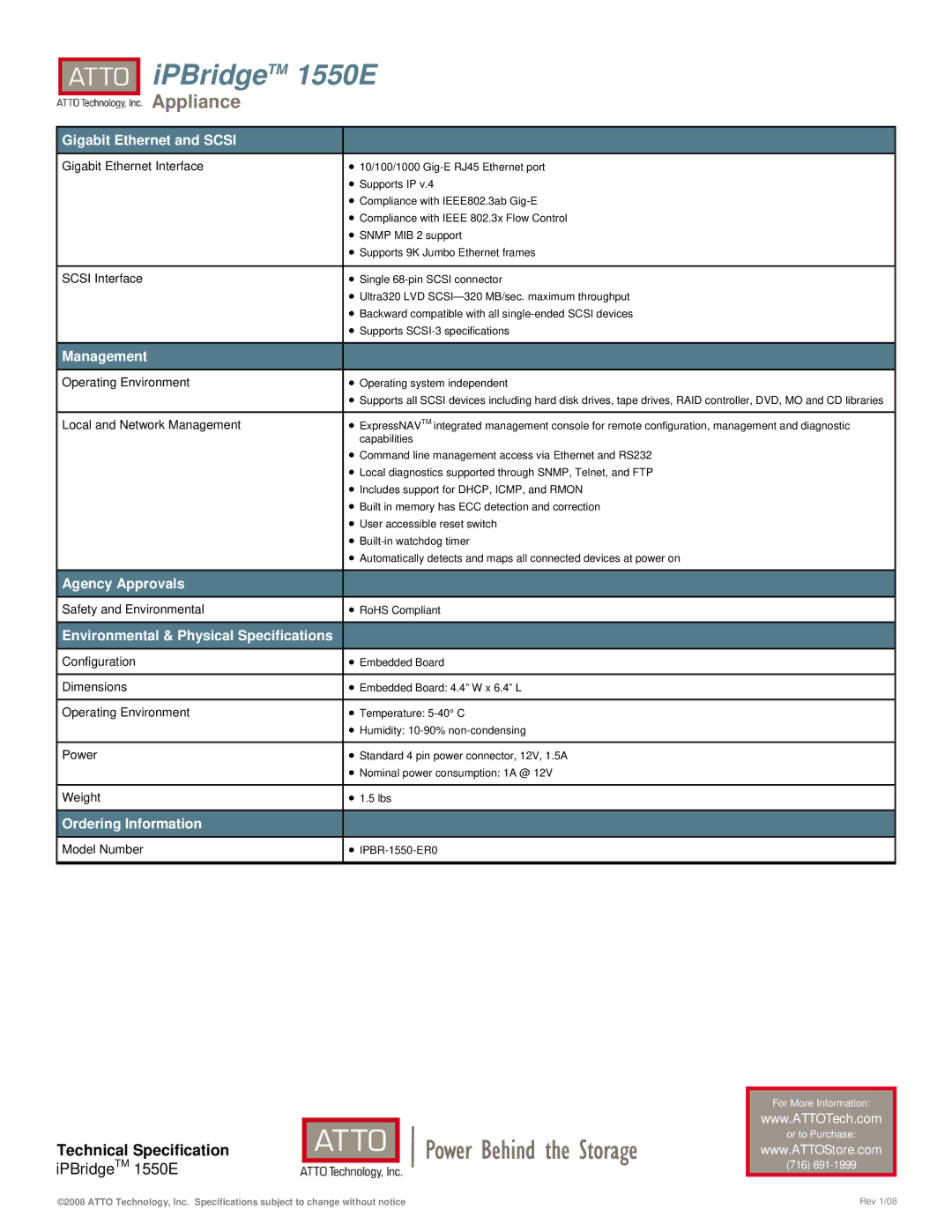 ATTO Technology 1550E Gigabit Ethernet and Scsi, Management, Agency Approvals, Environmental & Physical Specifications 