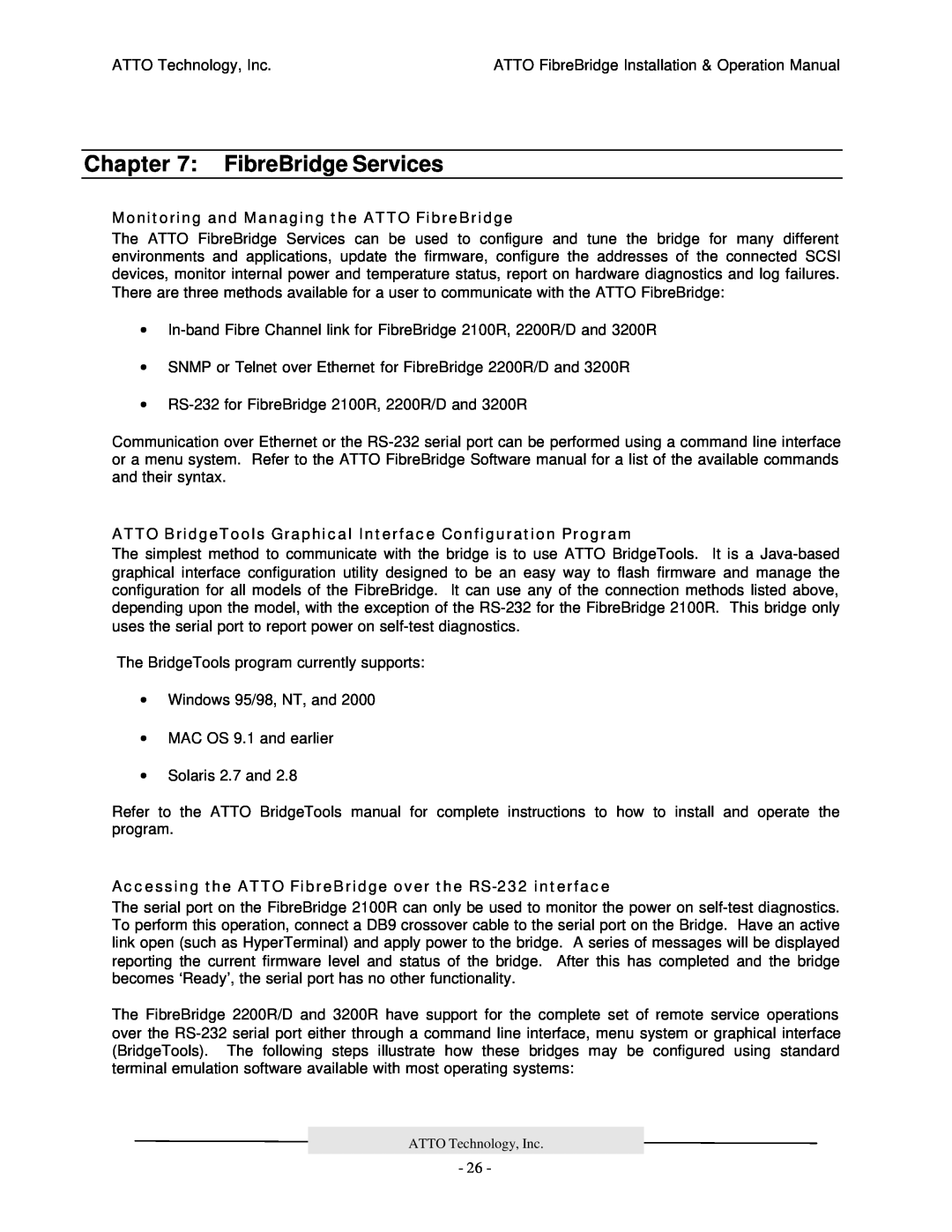 ATTO Technology 2200R/D, 3200R, 2100R manual FibreBridge Services, Monitoring and Managing the ATTO FibreBridge 