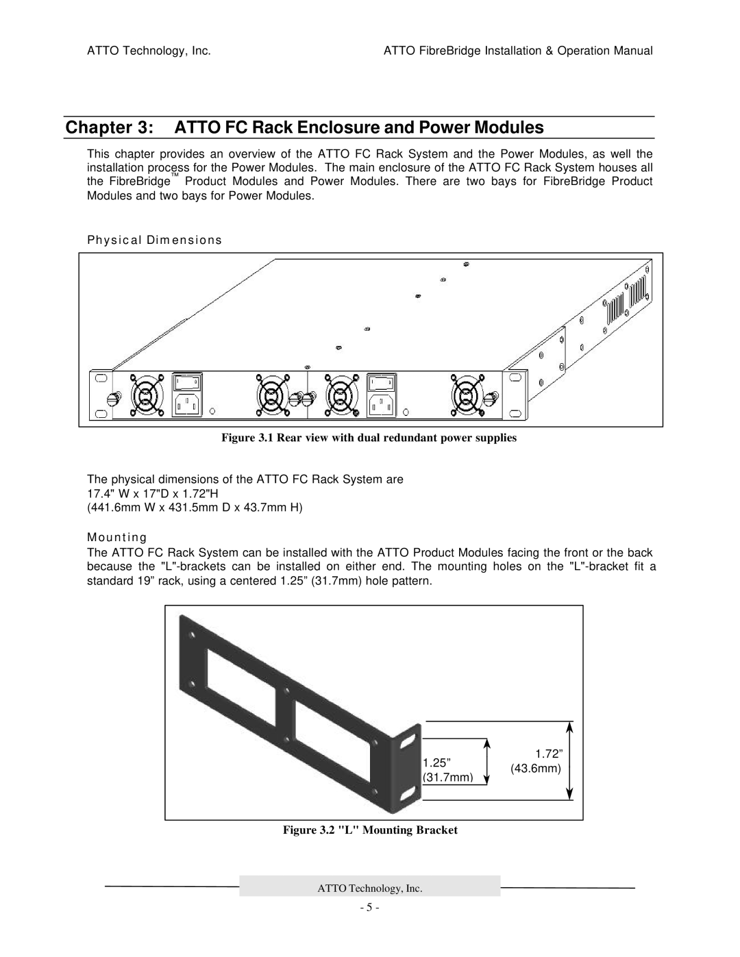 ATTO Technology 2100R, 2200R/D, 3200R manual Atto FC Rack Enclosure and Power Modules, Physical Dimensions, Mounting 