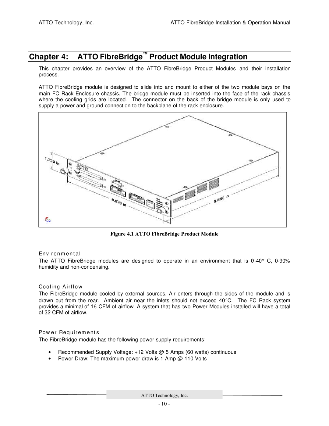 ATTO Technology 2200R/D, 3200R, 2100R manual Atto FibreBridge Product Module Integration, Power Requirements 