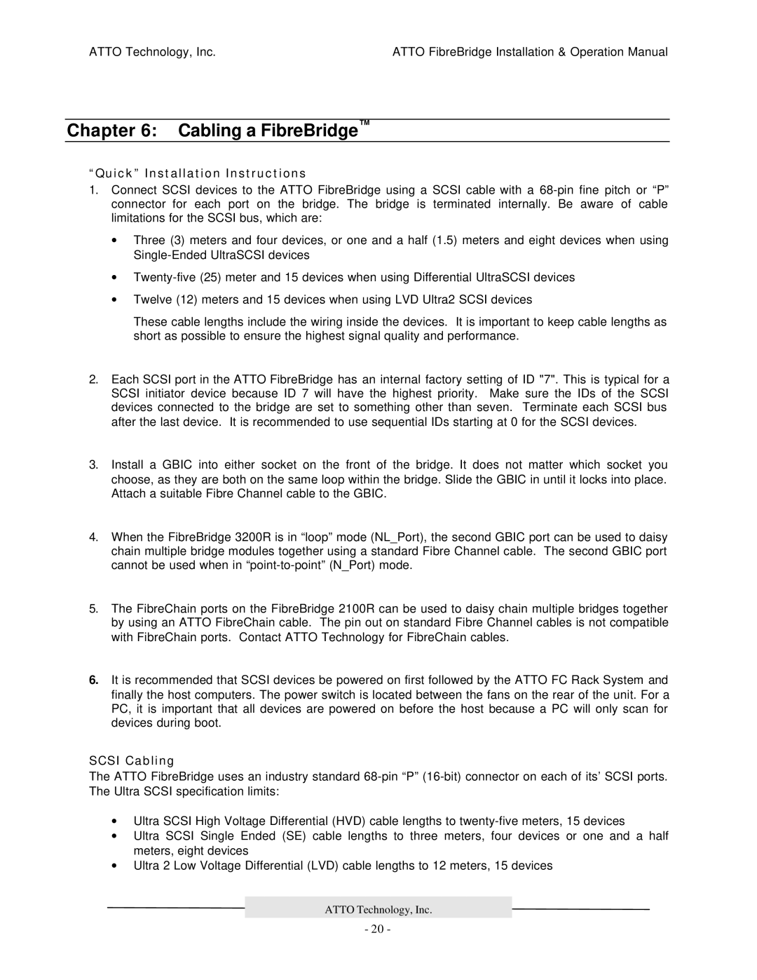 ATTO Technology 2200R/D, 3200R, 2100R manual Cabling a FibreBridge, Quick Installation Instructions, Scsi Cabling 