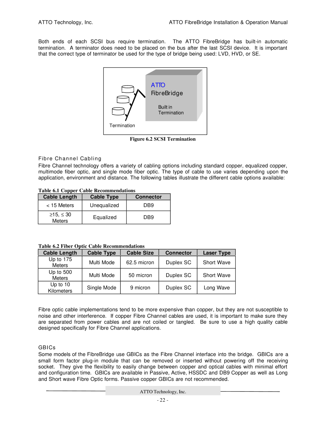 ATTO Technology 2200R/D, 3200R, 2100R manual Fibre Channel Cabling, Cable Length, Connector Laser Type, GBICs 