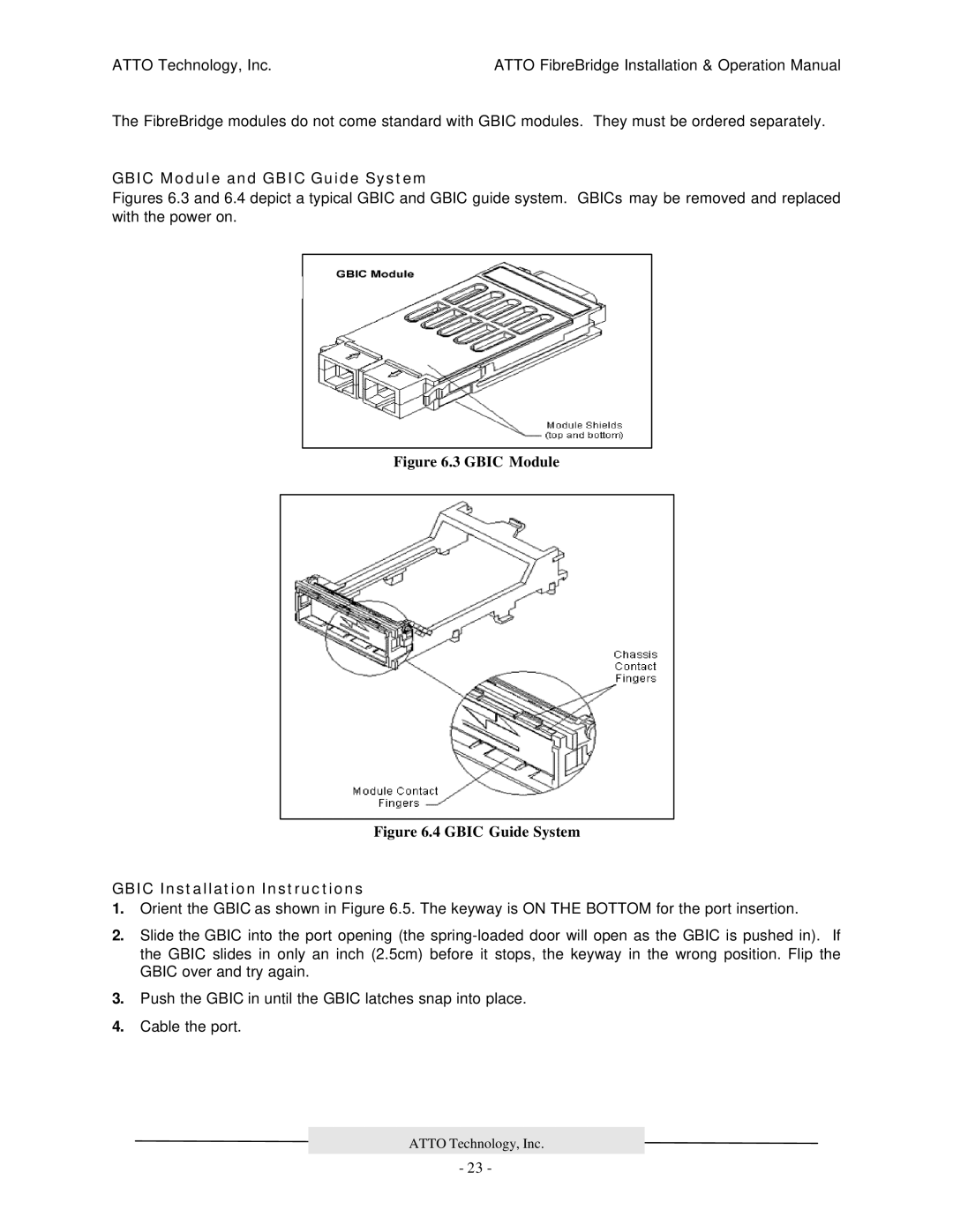 ATTO Technology 2100R, 2200R/D, 3200R manual Gbic Module and Gbic Guide System, Gbic Installation Instructions 