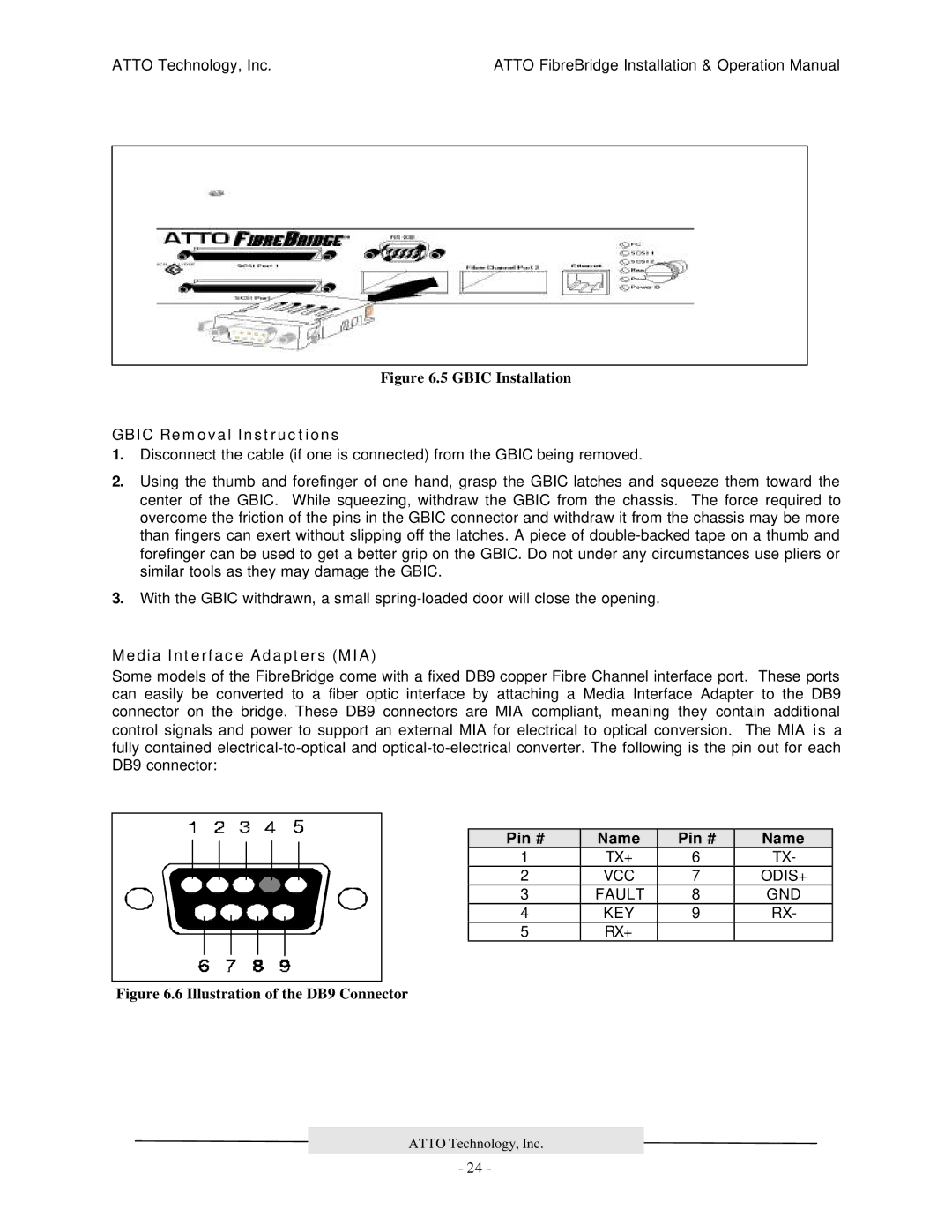 ATTO Technology 2200R/D, 3200R, 2100R manual Gbic Removal Instructions, Media Interface Adapters MIA, Pin # Name 