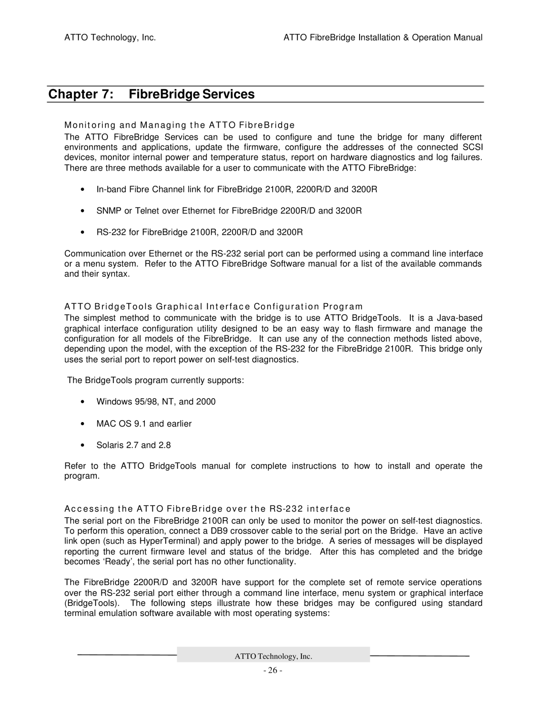 ATTO Technology 2200R/D, 3200R, 2100R manual FibreBridge Services, Monitoring and Managing the Atto FibreBridge 