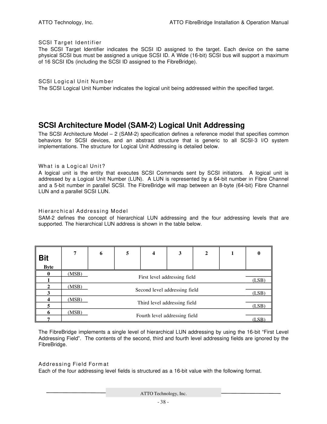 ATTO Technology 2200R/D, 3200R, 2100R manual Scsi Architecture Model SAM-2 Logical Unit Addressing, Bit 