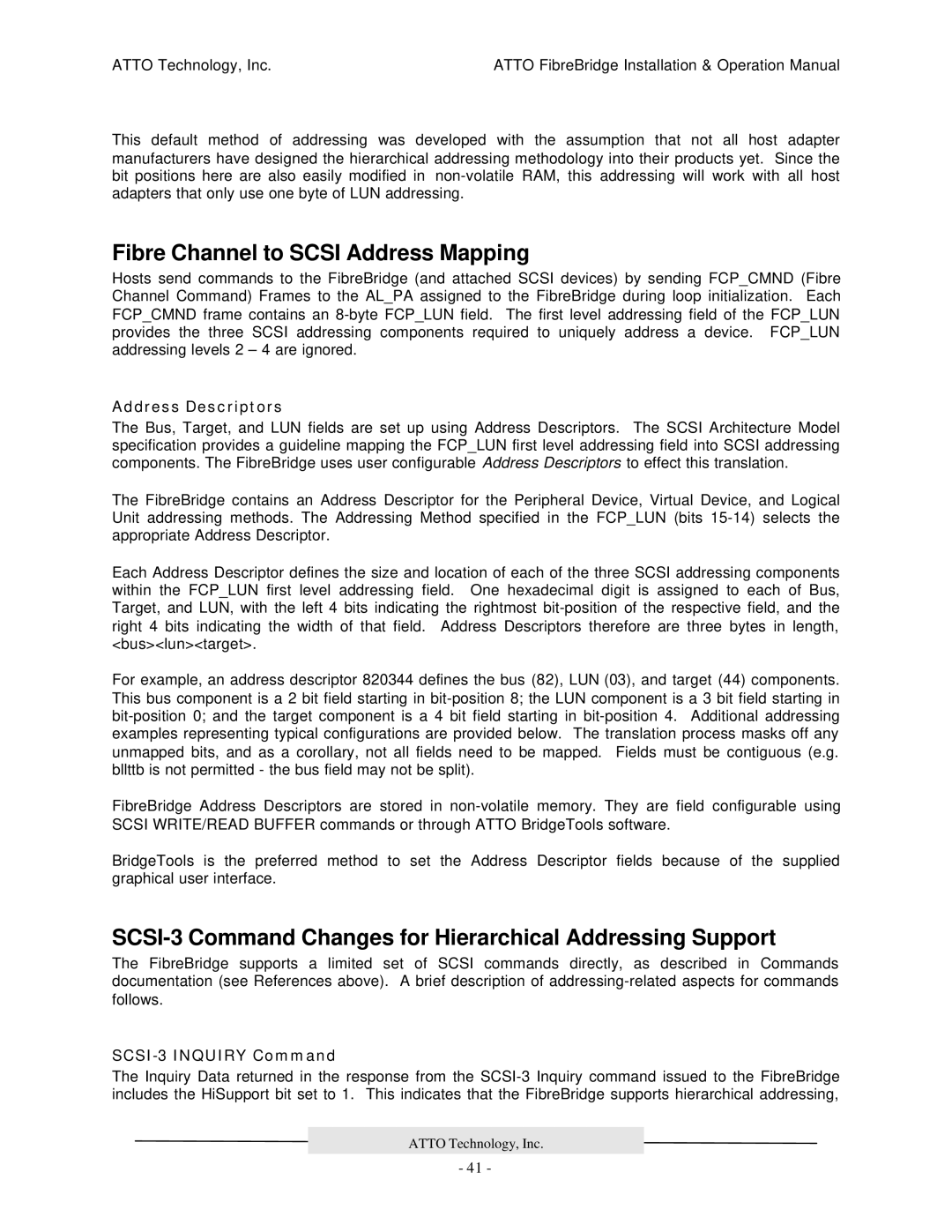 ATTO Technology 2100R Fibre Channel to Scsi Address Mapping, SCSI-3 Command Changes for Hierarchical Addressing Support 