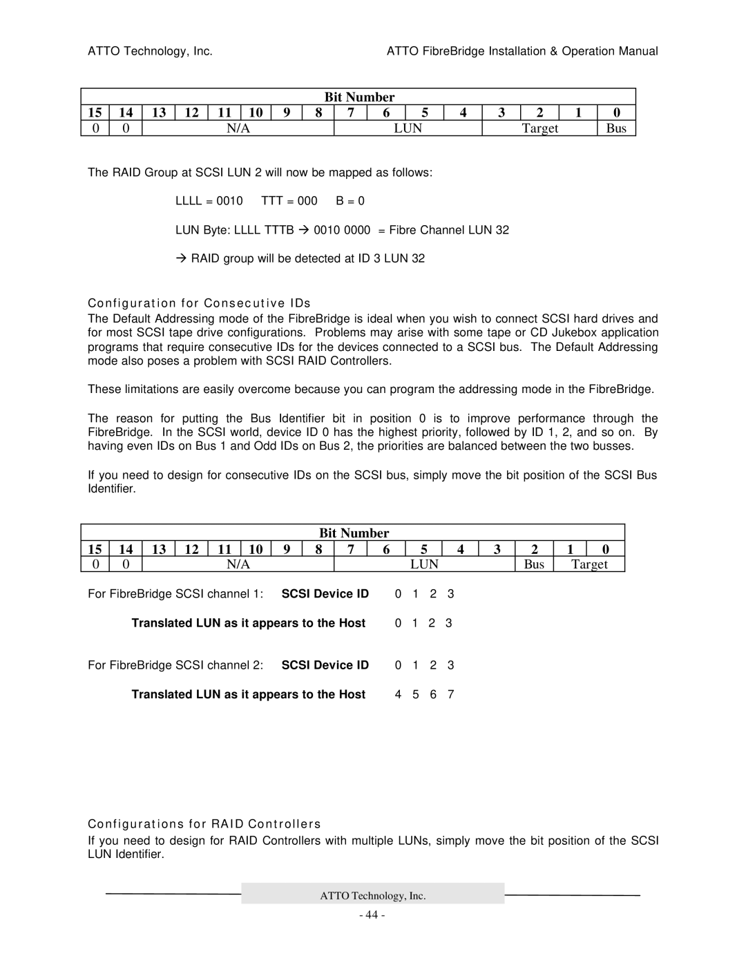 ATTO Technology 2200R/D, 3200R Configuration for Consecutive IDs, Scsi Device ID Translated LUN as it appears to the Host 